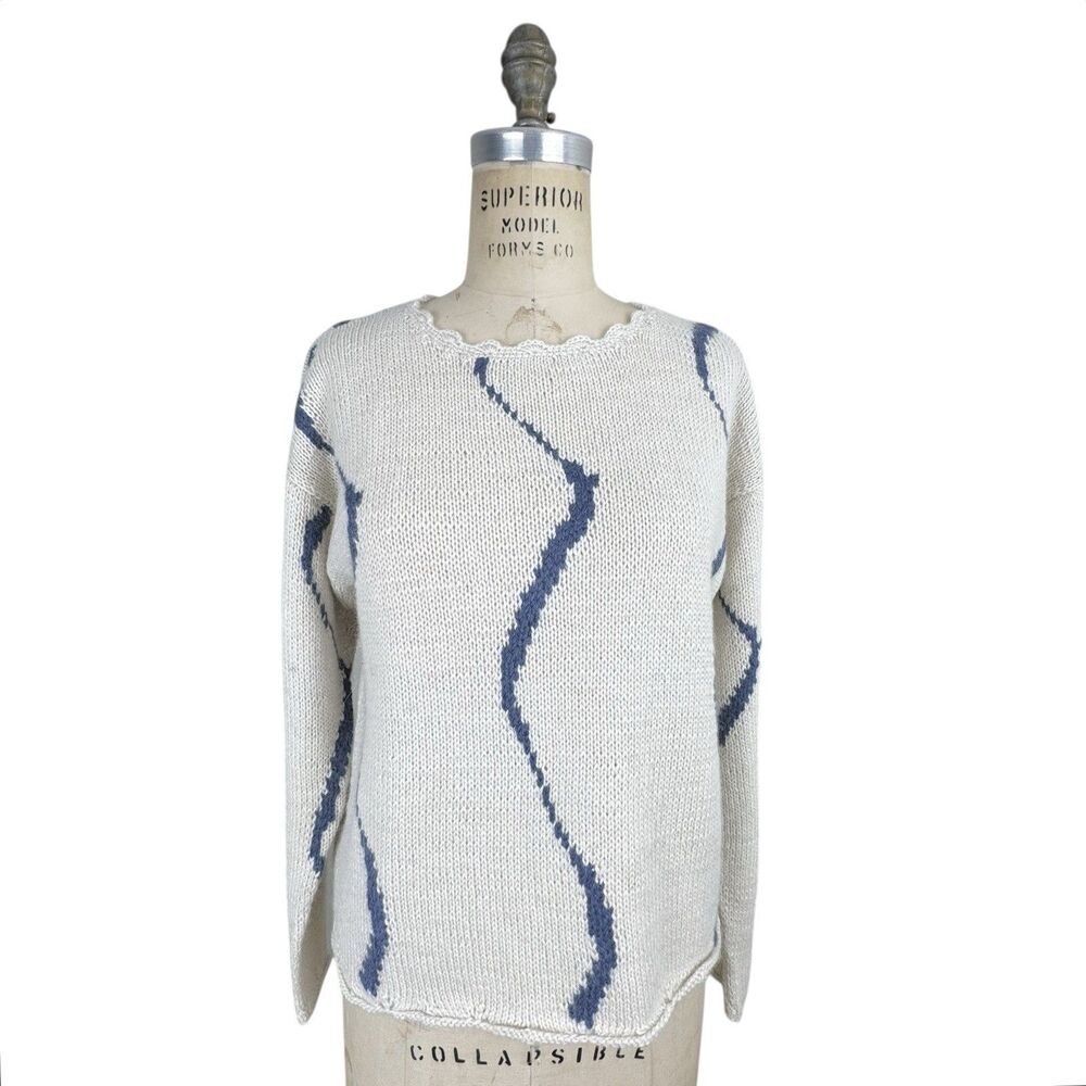 Womens 100% Alpaca‎ Hand Knit Sweater M Ivory & Blue Soft The Sweater Venture
